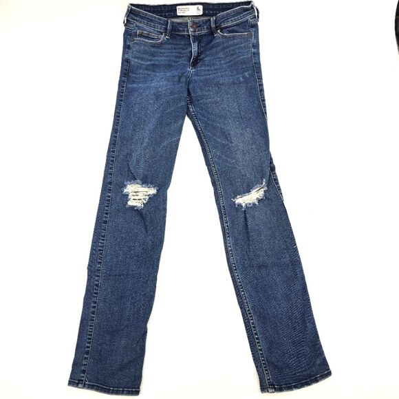 Abercrombie & Fitch Women's Blue Mid Rise Straight Distressed Jeans Size 8R - Picture 5 of 5